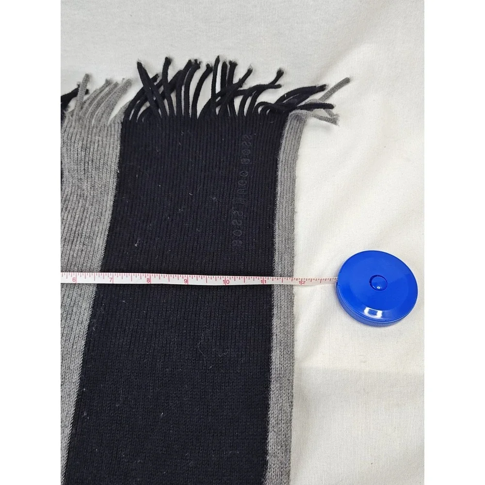 Hugo Boss Scarf Mens Grey Black Striped Ribbed Knit Wool Blend Made in Italy‎